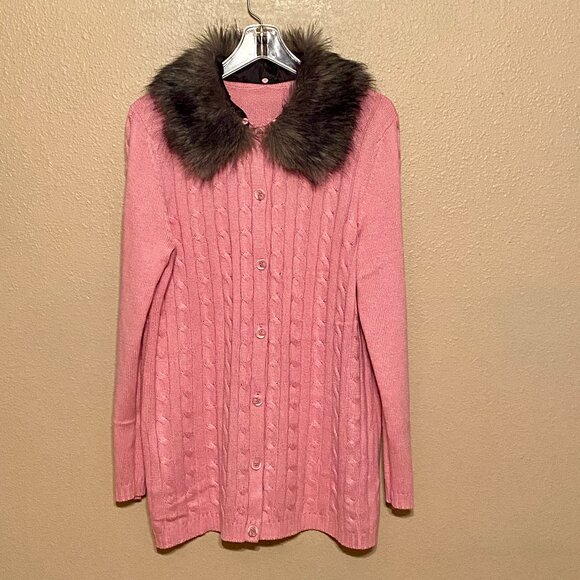 VINTAGE Pink Knit Sweater Cardigan Faux Fur Detachable Collar Approx Size M/L - Picture 1 of 7